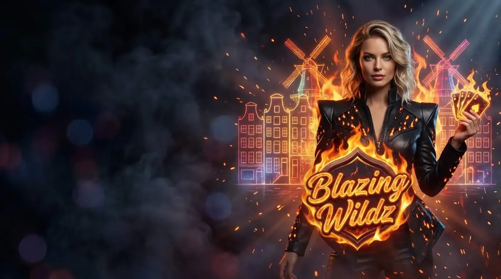 Woman holding flaming playing ca